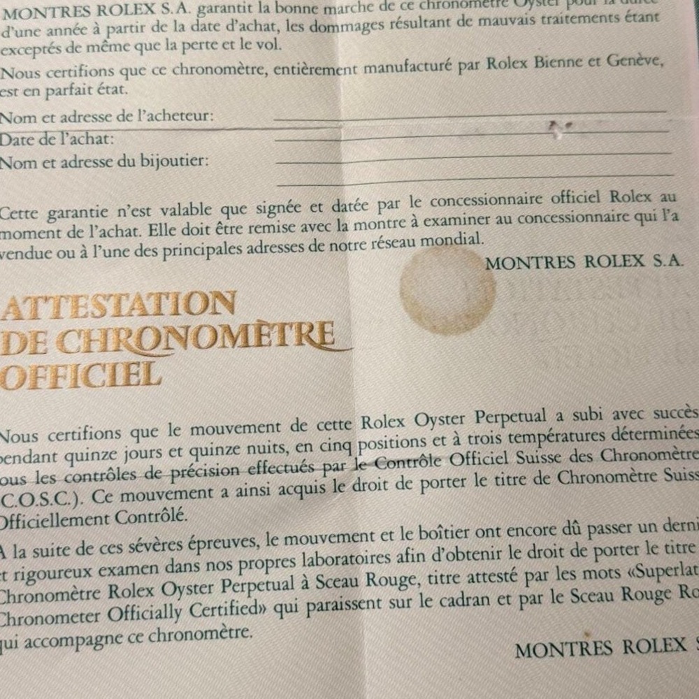 Vintage Rolex 16013 Attestation de Chronometre Officiel Certificate Paper